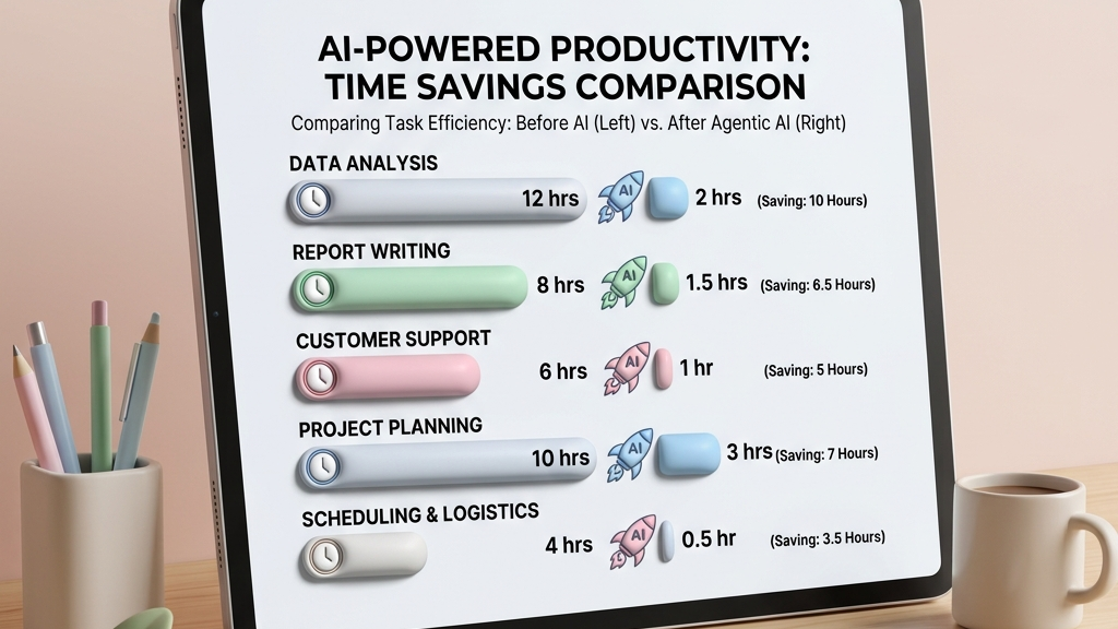 Visual chart comparing time savings in different tasks before and after using agentic AI