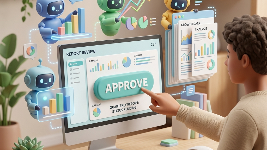 Illustration of human clicking approve button while mini AI systems build charts and reports