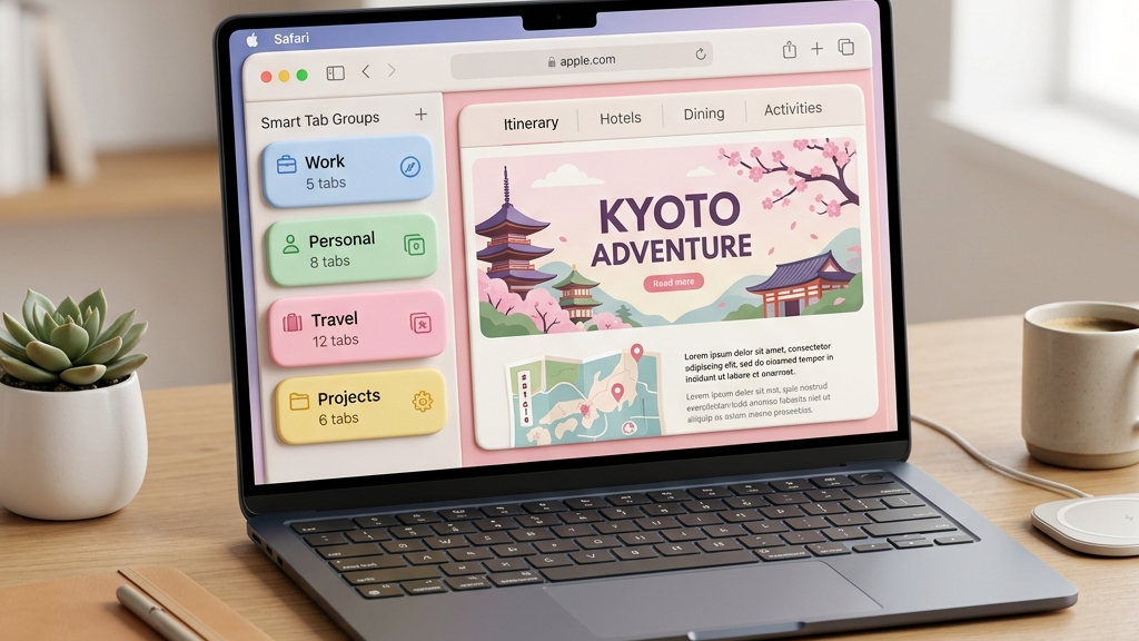 Safari web browser interface showing automated smart tab organization layout