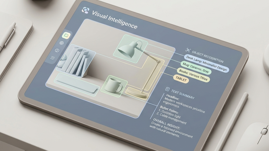 Visual Intelligence scanning text from textbook and displaying summaries on tablet