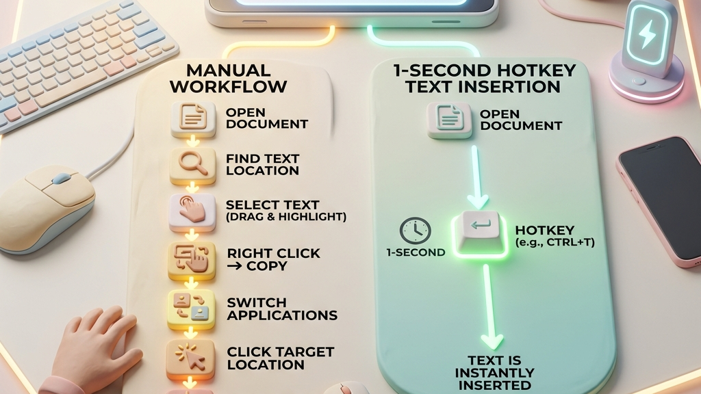 Flowchart comparing manual text input versus one second hotkey automation workflow