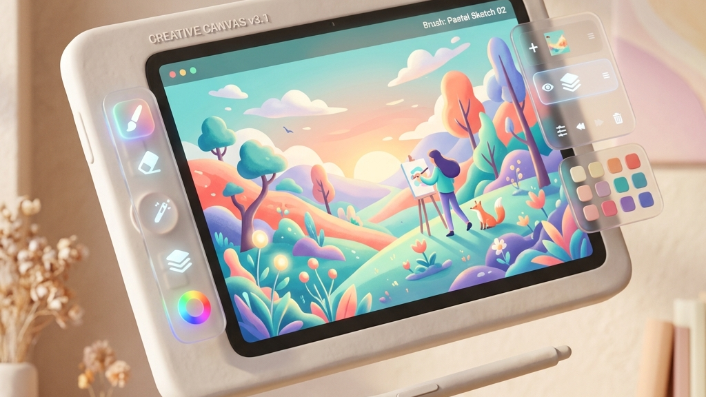 A floating 3D canvas rendering digital painting segments dynamically above a tablet screen, glassmorphism interface, glowing neon blue and purple highlights, premium aesthetic