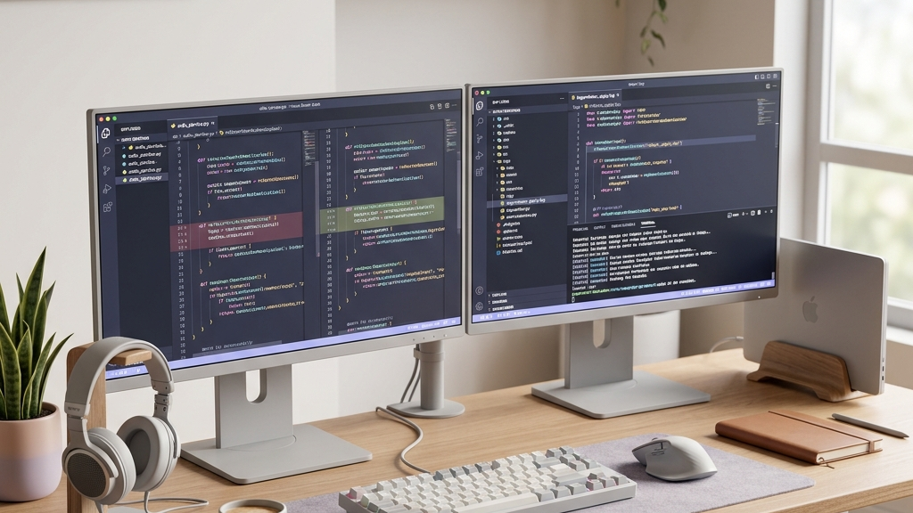 Developer desk setup with dual-monitor showing code refactoring