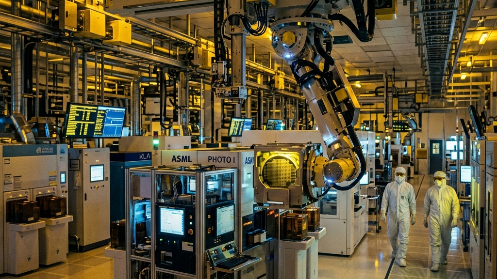 An ultra-modern microchip fab interior, clean room environment, yellow safety lights glowing, giant automated robotic arms processing raw wafers, highly detailed tech visual, cinematic style
