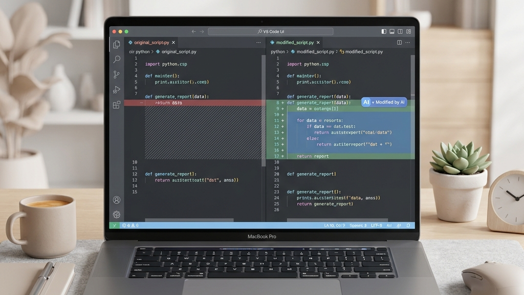 GitHub Copilot Workspace 활용 가이드: 한글 설명문과 이슈 보드만으로 서비스 기능 구현 완료하기 4 A code editor split screen showing side-by-side file differences with AI code modifications