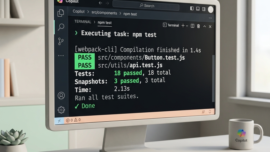 GitHub Copilot Workspace 활용 가이드: 한글 설명문과 이슈 보드만으로 서비스 기능 구현 완료하기 5 A terminal screen inside Copilot Workspace showing npm test passing with green success status