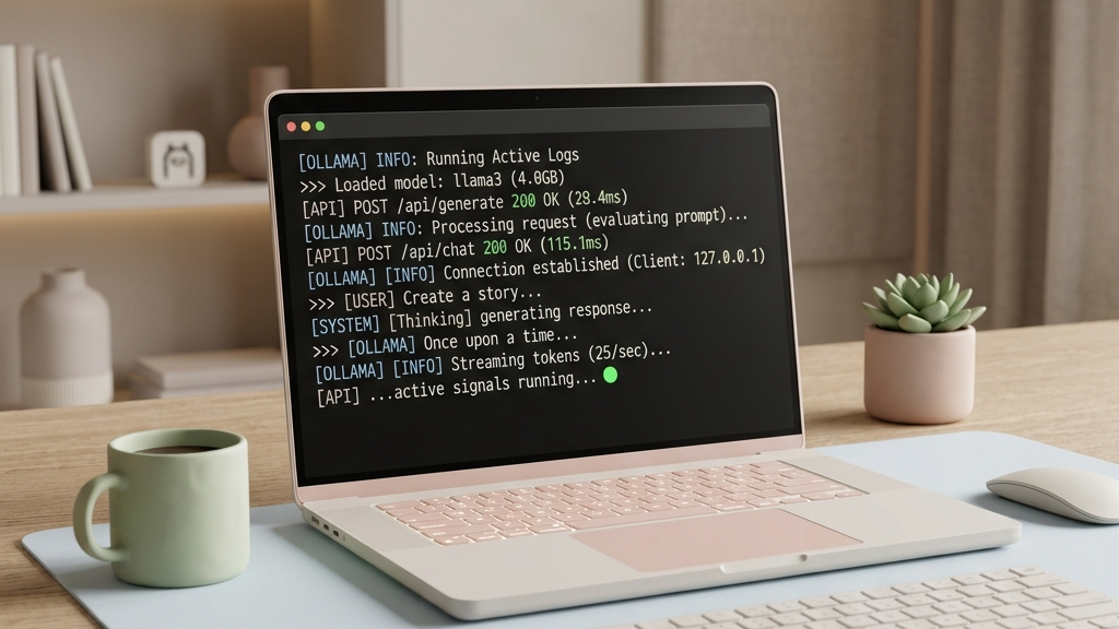 Terminal console screen showing Ollama API signals running active logs