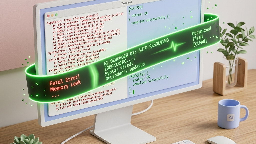 Terminal window displaying red error message being fixed by AI debugger system
