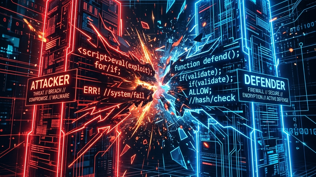 An abstract cybersecurity warning graphic showing code lines clashing between two digital towers, red and blue neon lights, highly detailed tech conflict visual