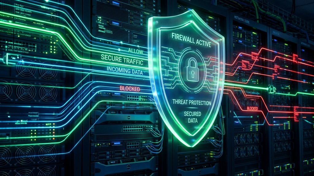 A highly detailed cyber security firewall visualization glowing over server racks, glassmorphic shield icon overlay, neon green and deep blue cybernetic energy paths