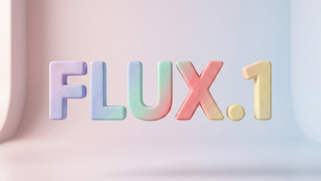 A modern 3D typographic render of the text "FLUX.1" glowing on a floating dark acrylic panel, volumetric colorful smoke, high-end digital design studio background
