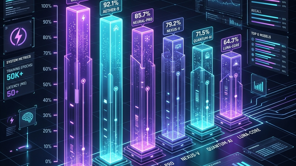 A premium futuristic 3D bar graph data visualization comparing the computing performance gaps across AI models