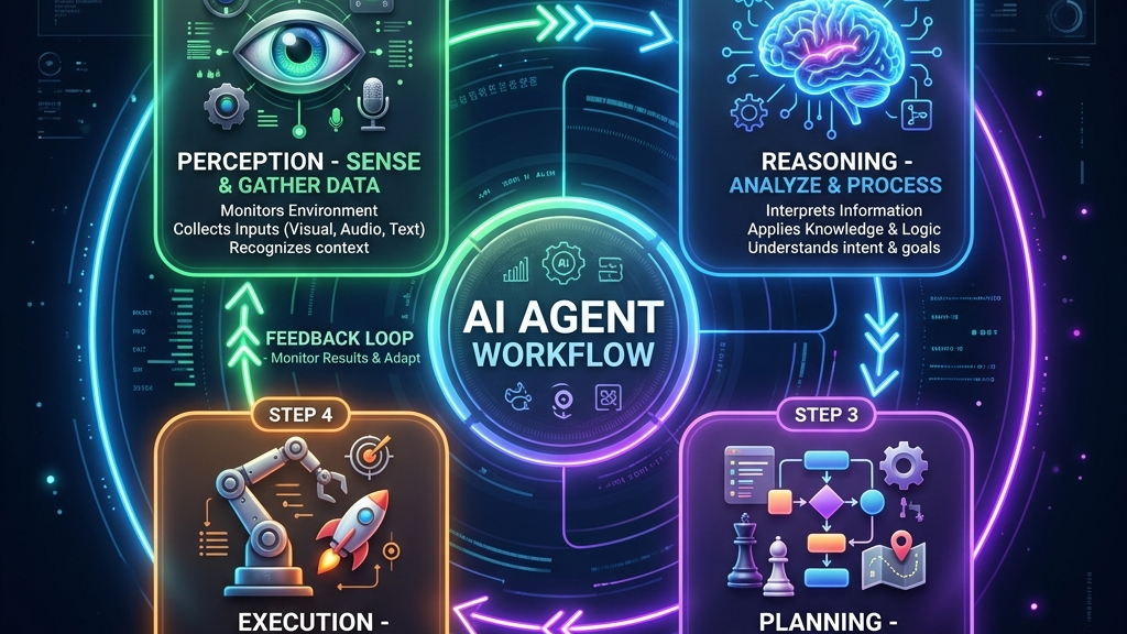 A high-contrast clean infographic diagram visualizing the circular steps of perception reasoning and planning of an AI agent workflow