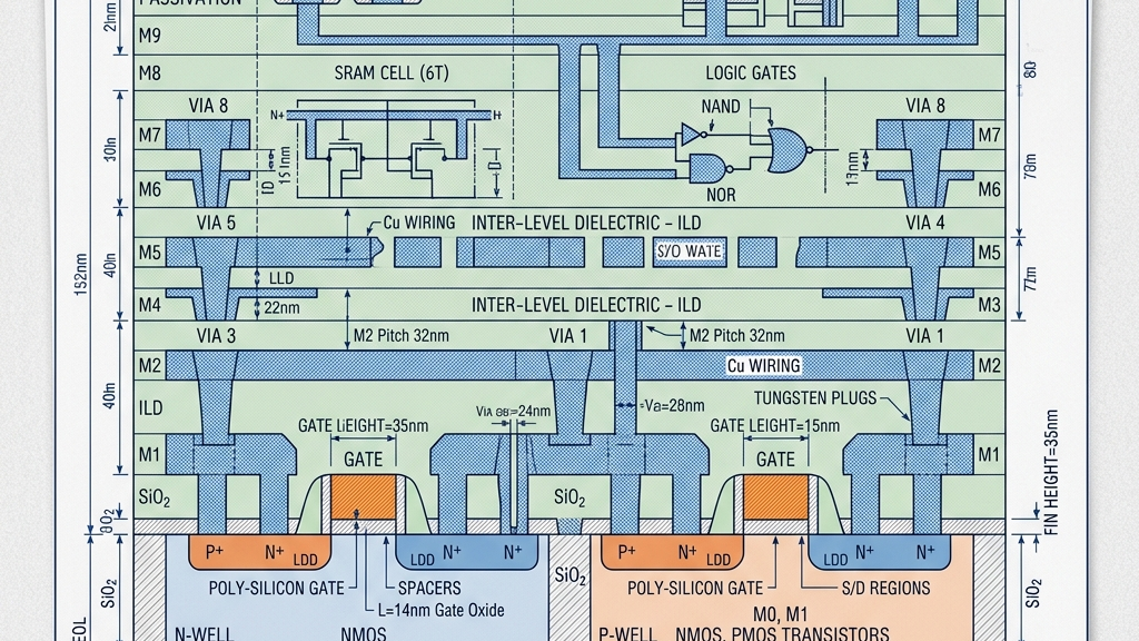 Micro-architectural cross-section layout highlighting stacked memory layers and TSV micro-bumps for premium tech overview
