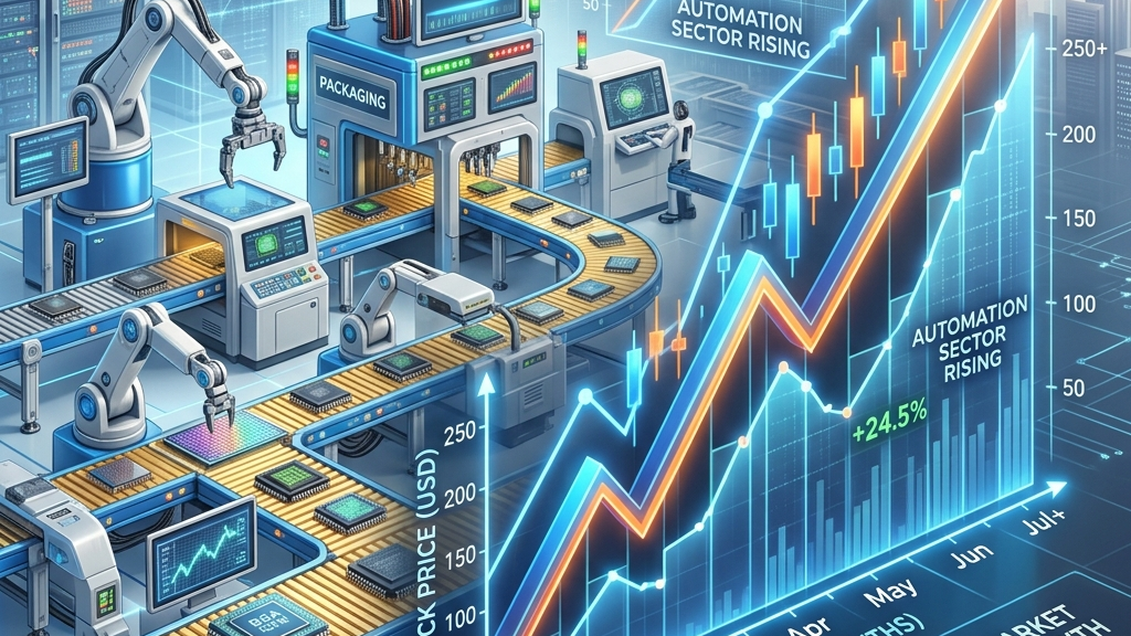 Interactive stock chart analytics board displaying SK Hynix stock prices rising near semiconductor automated packaging machine