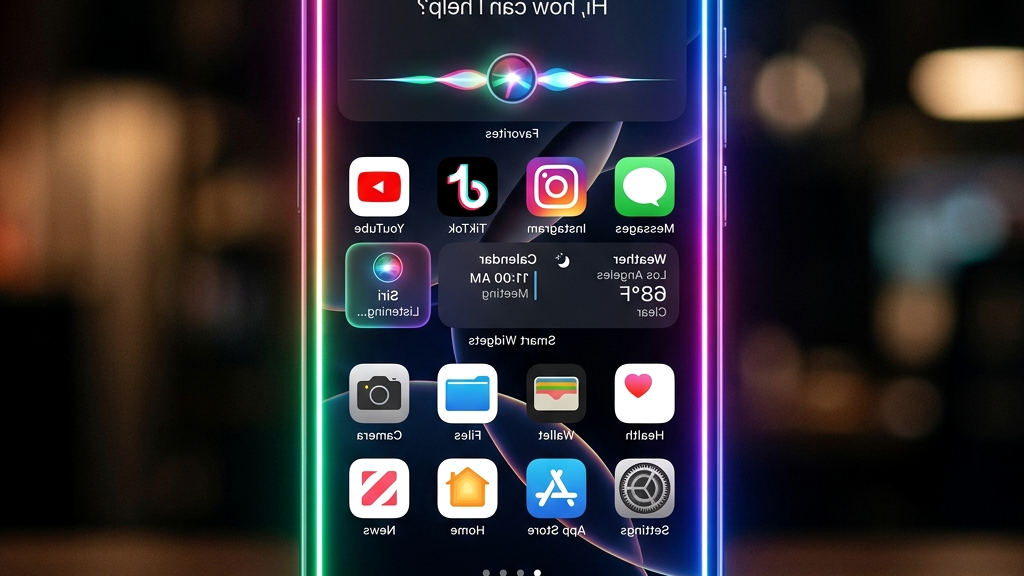 iOS 27 홈화면 가장자리가 다채로운 네온 컬러 빛으로 파동을 일으키며 시리가 반응하는 화면