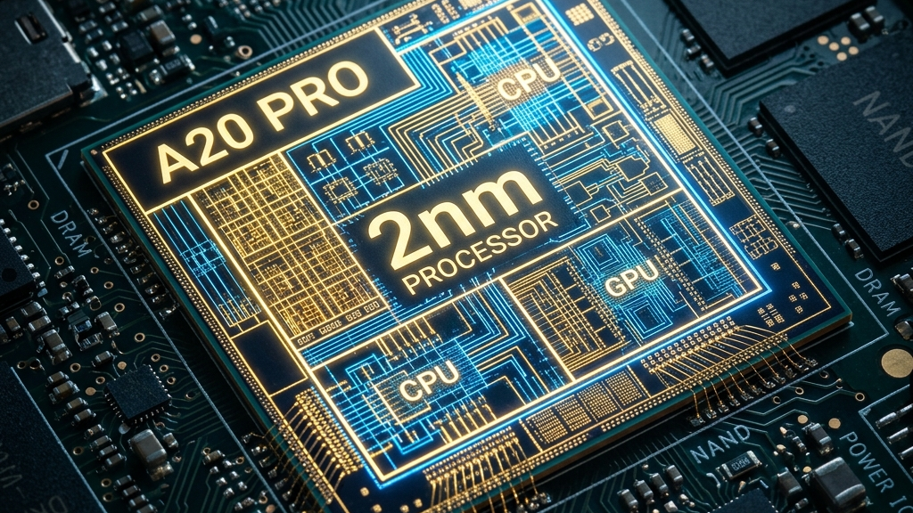 A hyper detailed macro shot of a next generation A20 Pro semiconductor mobile chip integrated on a futuristic device motherboard with glowing circuit traces