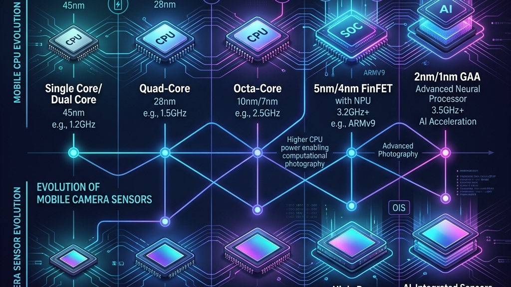 A clean and minimal infographic showing the history and technical evolution of apple mobile chips and camera sensors over generations