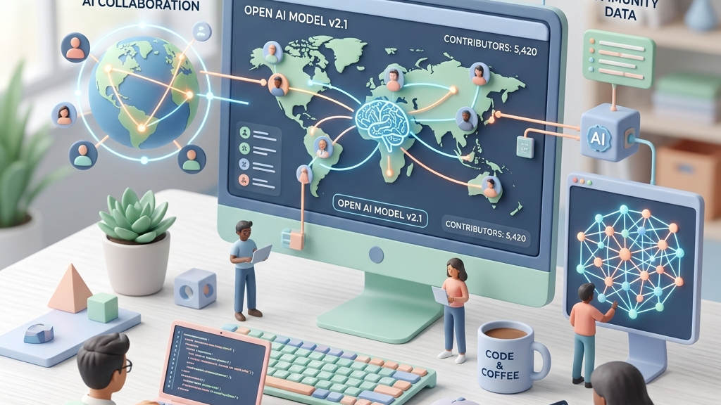 Conceptual graphic of global developers collaborating on open-source AI models