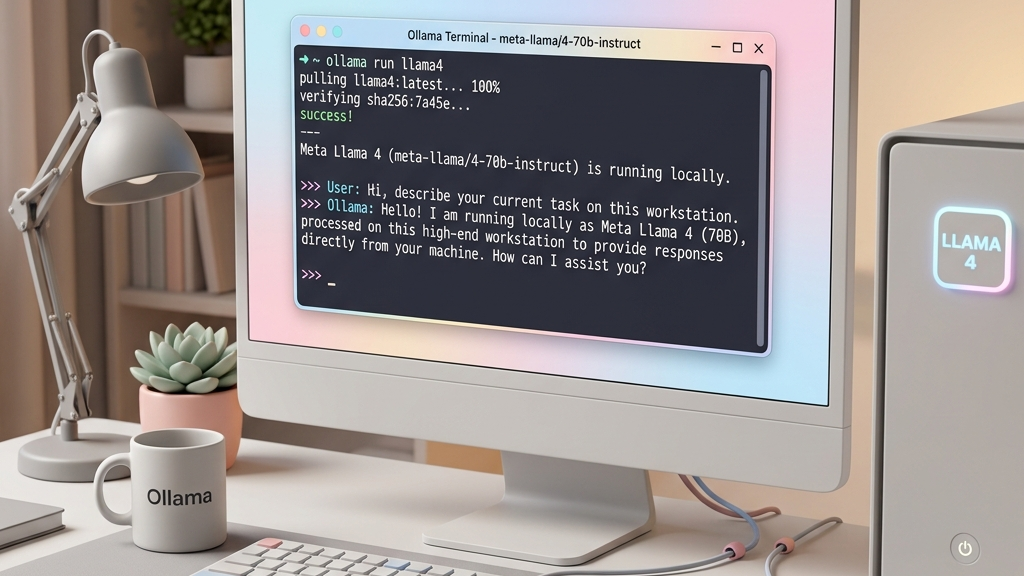 Developer terminal window showing Ollama running Meta Llama 4 locally on a workstation