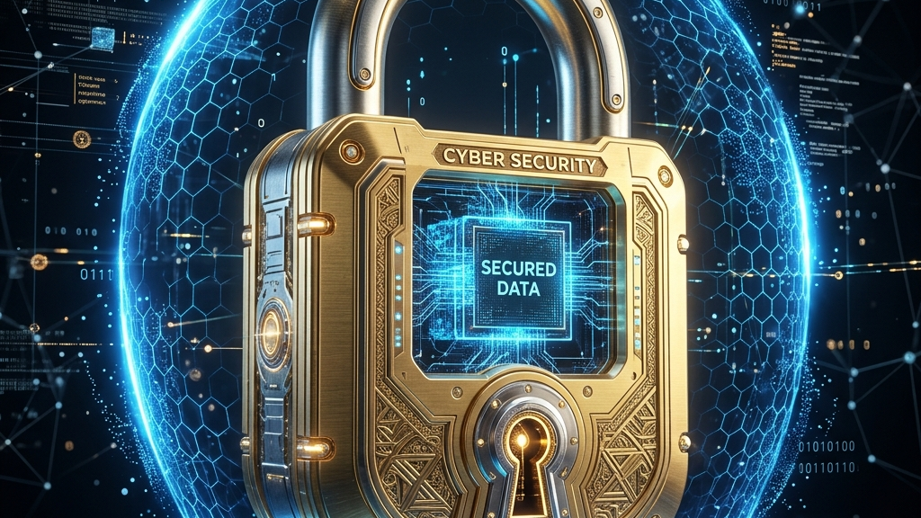 A premium visual metaphor showing a large golden padlock locked inside a digital firewall energy shield network