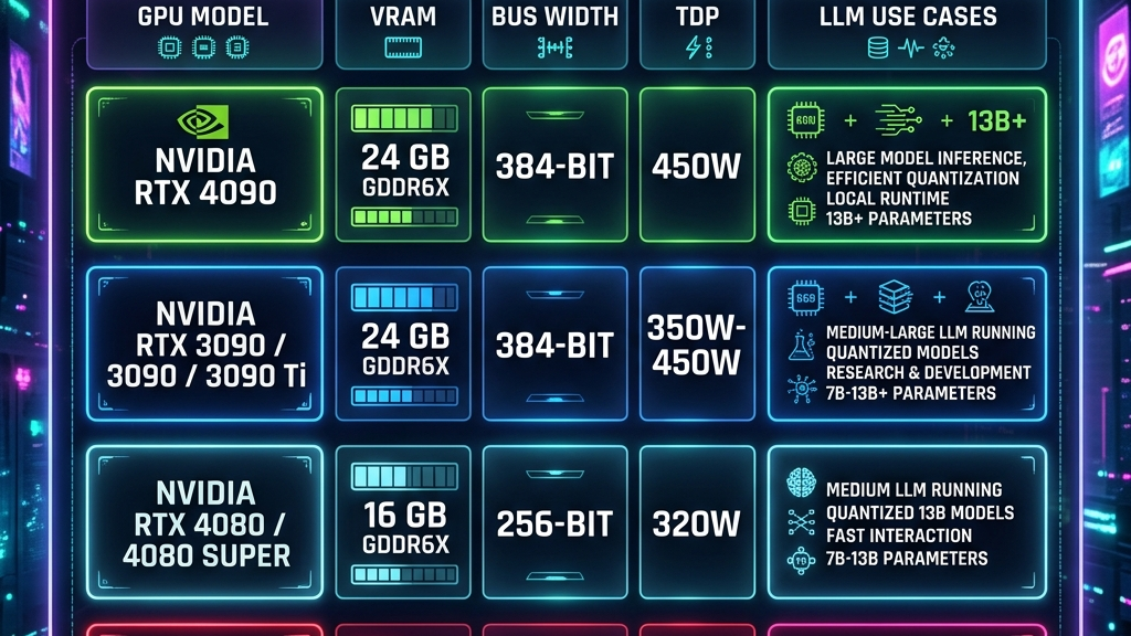A minimalist infographic table displaying hardware graphics card GPU VRAM and model specifications for local execution