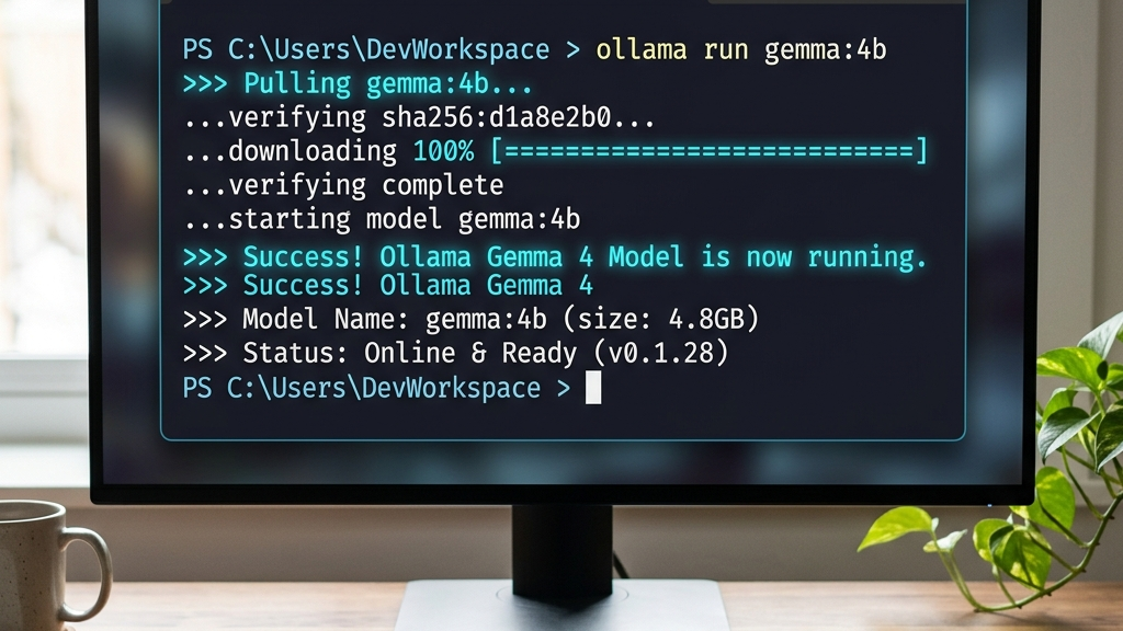 A dark mode developer terminal window showing a successful boot sequence of Ollama running gemma4 local LLM