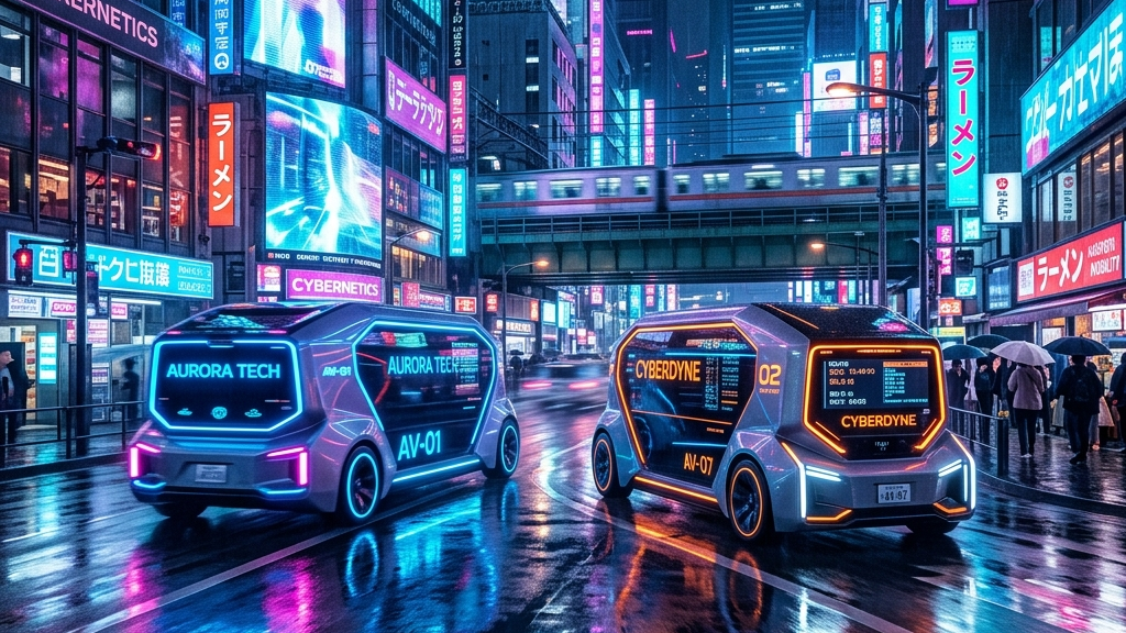 Two stylized autonomous vehicles passing each other on a wet glowing neon-lit city street at night, reflection of digital lights, cyberpunk mobility aesthetic