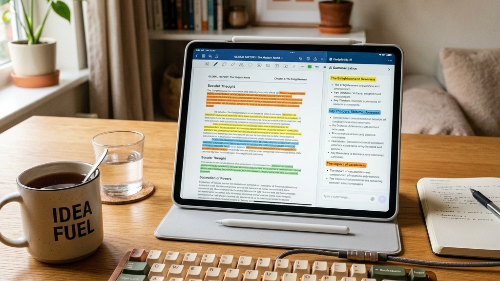 전공 책 PDF 3초 만에 요약하는 법 (대학생 과제 치트키 NotebookLM) 핵심 정리 가이드 5 Workspace environment with notebook and headphones illustrating audio podcast overview for quick exam prep