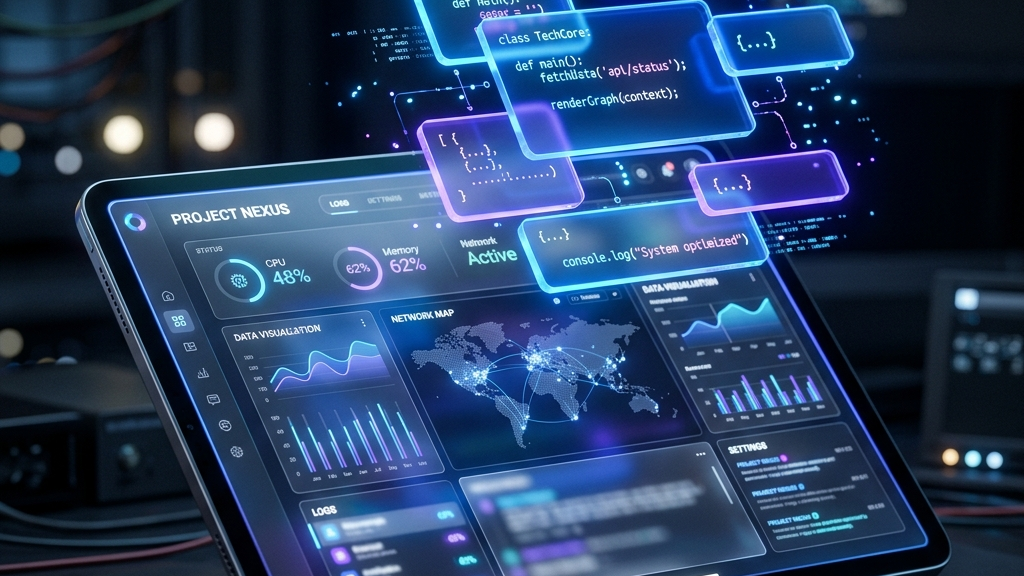 A stylized 3D render of code blocks floating above an open futuristic dashboard interface on a tablet screen, glassmorphism, glowing blue and violet lights, premium tech aesthetic