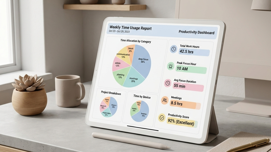 Reclaim.ai 직장인 캘린더 자동화 가이드 5 Time Analytics dashboard displaying pie charts and productivity metrics reports