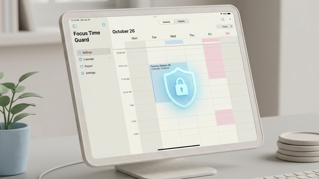 Reclaim.ai 직장인 캘린더 자동화 가이드 3 Visual representation of Focus Time Guard calendar slot locked with padlock and shield