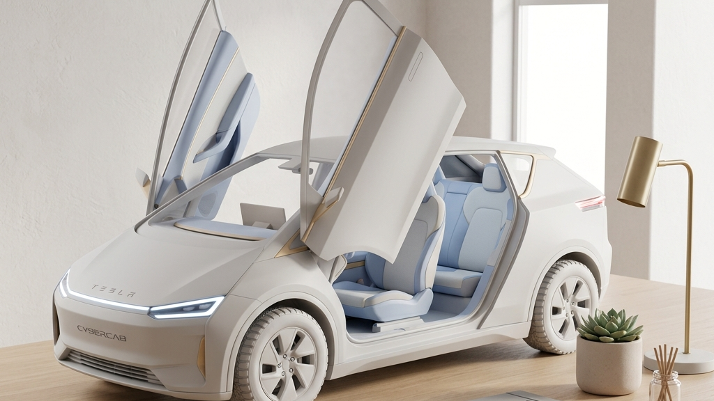 A sleek futuristic Tesla Cybercab with scissor doors open and no steering wheel inside