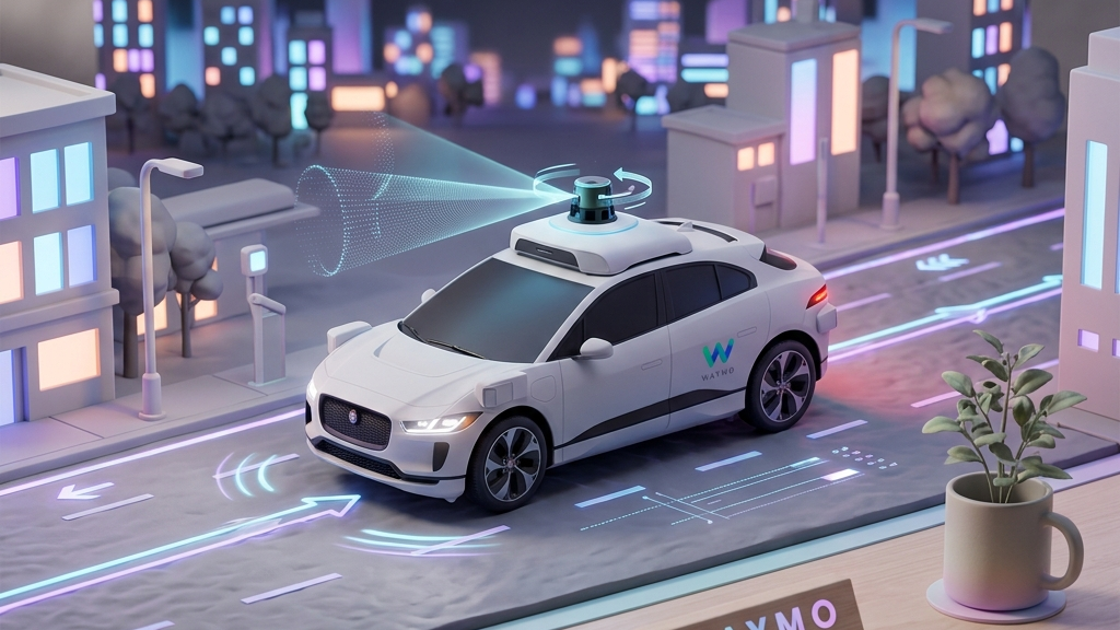 A Waymo self-driving taxi navigating a city street at night with rotating rooftop LiDAR active