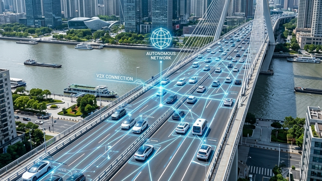 An aerial shot of autonomous cars driving smoothly on a city bridge surrounded by modern skyscraper buildings, networking lines visual overlay, clean bright lighting