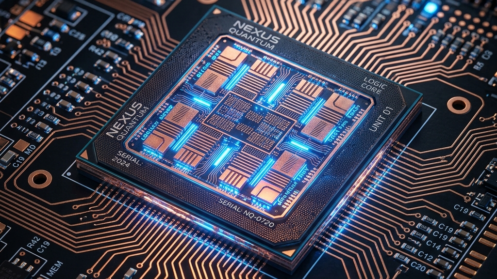 A macro detailed photo of a glowing microchip processor circuit board, futuristic visual, blue and copper color scheme, premium corporate lighting