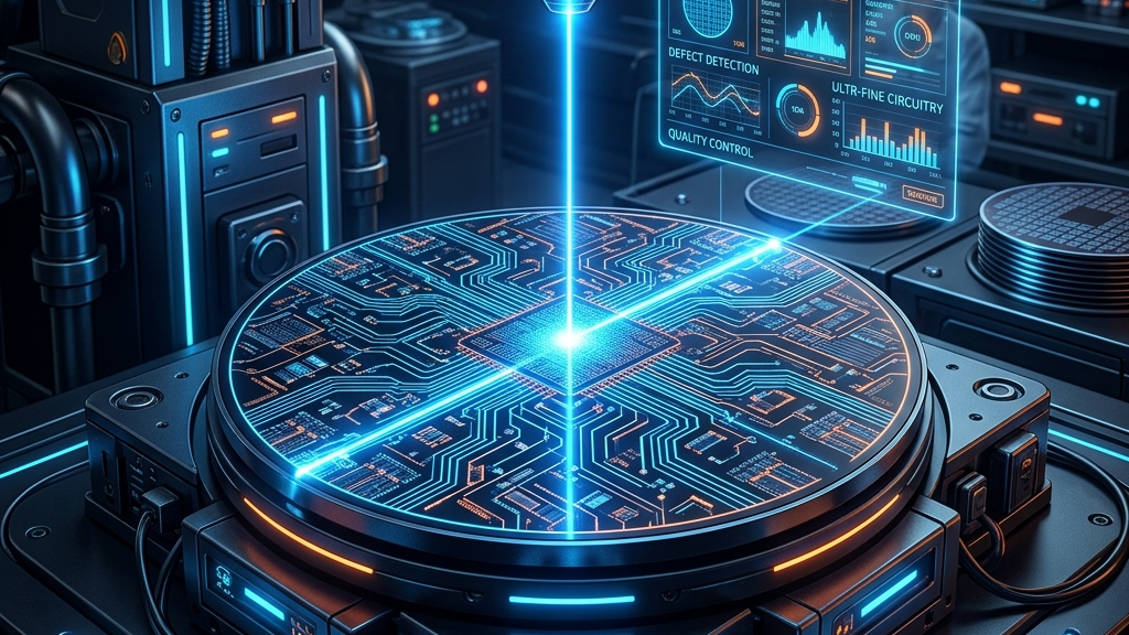 Silicon wafer undergoing precise laser scanning check inside automated high-tech quality inspection facility