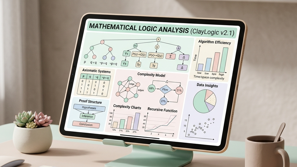 Tablet screen displaying mathematical logic analysis with infographic charts