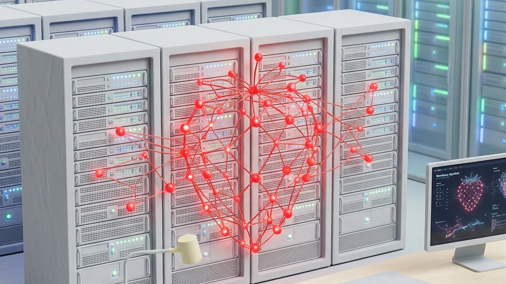 Supercomputer server racks overlaid with strawberry algorithm network nodes