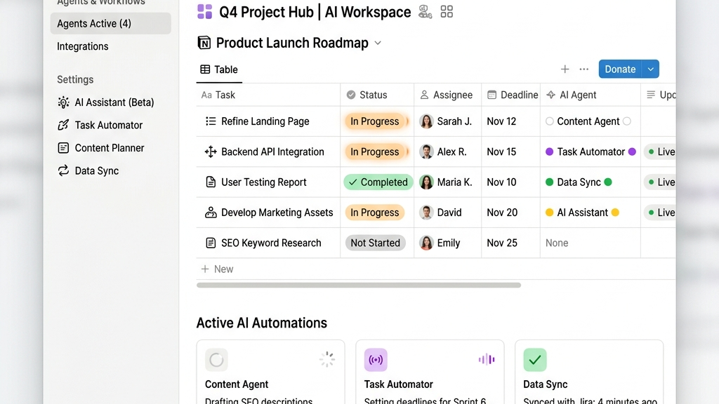 A simulated Notion database dashboard screen integrating automated AI tags and study task tracking tables