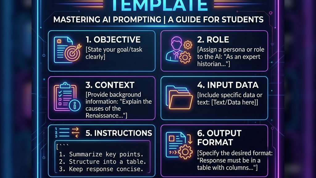 An aesthetic dark prompt template card showing step-by-step instructions for generating study quizzes using LLMs