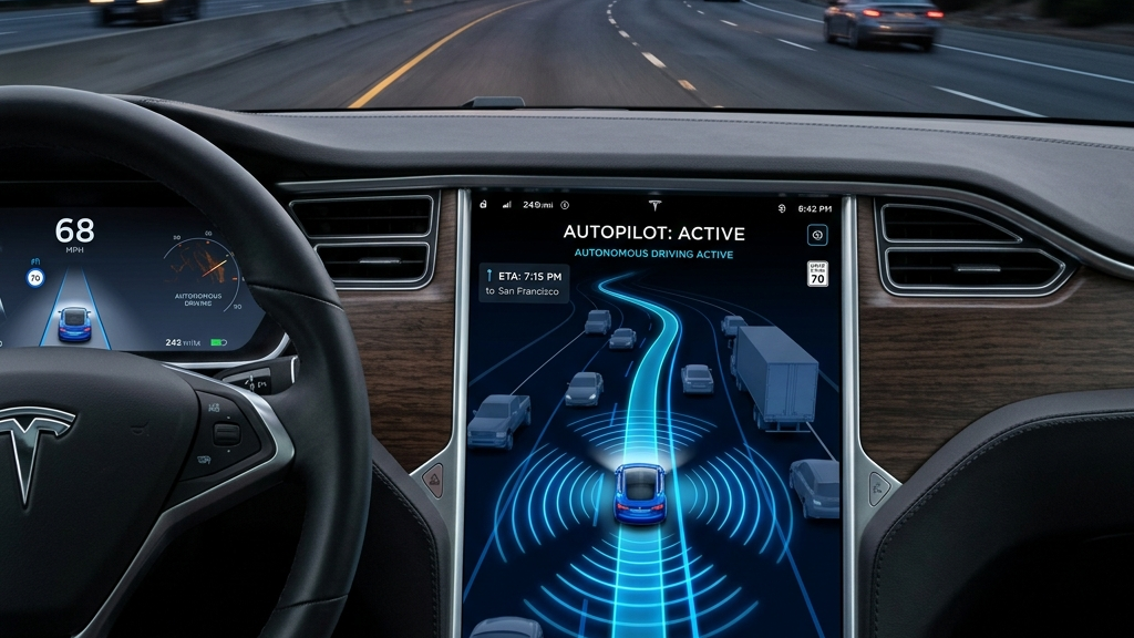 테슬라 HW3 오너들의 아쉬움: FSD v14 라이트 업데이트 배포와 하드웨어 스펙 한계 분석 2 Tesla vehicle dashboard screen demonstrating Full Self-Driving FSD visualization mode in urban traffic environment