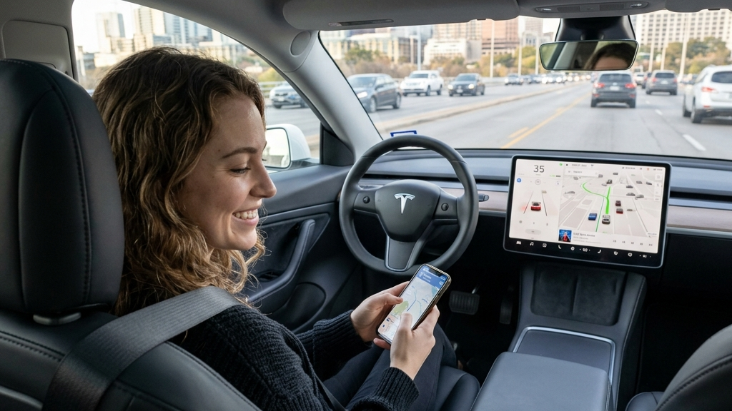 테슬라 HW3 오너들의 아쉬움: FSD v14 라이트 업데이트 배포와 하드웨어 스펙 한계 분석 3 Tesla car driving autonomously on a rainy city road at night with windshield wipers active and headlights on