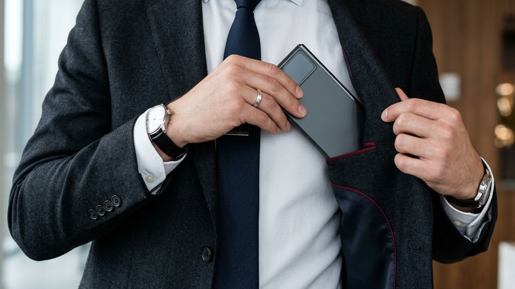 Visual demonstration of the slim profile design and pocket-fit convenience of Galaxy Z Fold 8 Wide