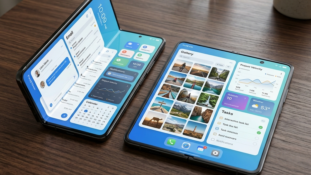 Comparison diagram showing bezel thickness and display ratios between Galaxy Z Fold 6 and Fold 8 Wide