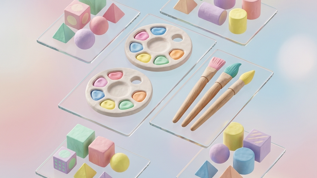디자인 초보도 프로처럼 만드는 캔바(Canva) AI 텍스트 기반 템플릿 생성 및 꾸미기 팁 핵심 정리 가이드 3 A minimalist 3D clay-render of paint palettes, brushes, and colorful geometric design blocks floating on glass cards, pastel tones