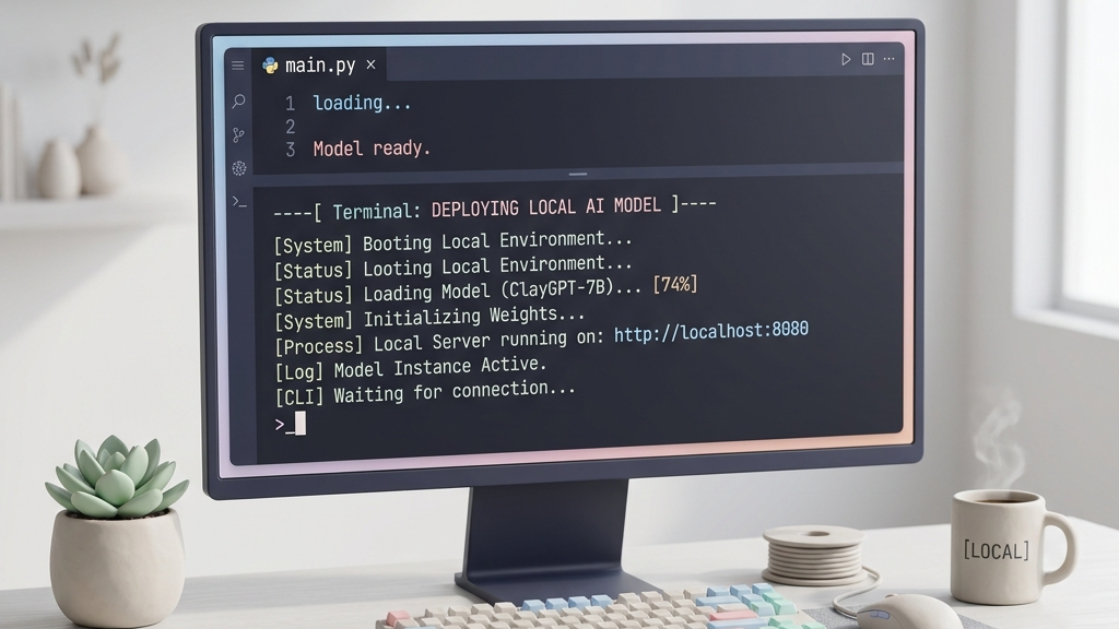 A developer terminal deploying local model, studio lighting, premium tech product shot, elegant clean desk layout, minimalist 3D clay-render style, pastel accents