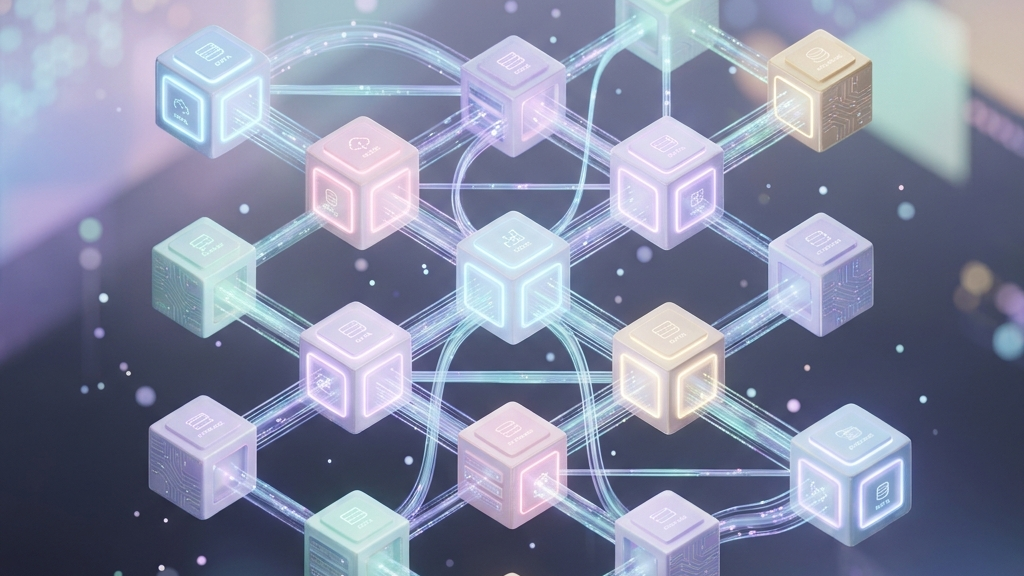A floating 3D network of glowing servers connected by translucent digital data lines, soft pastel colors, minimalist design, premium tech aesthetic