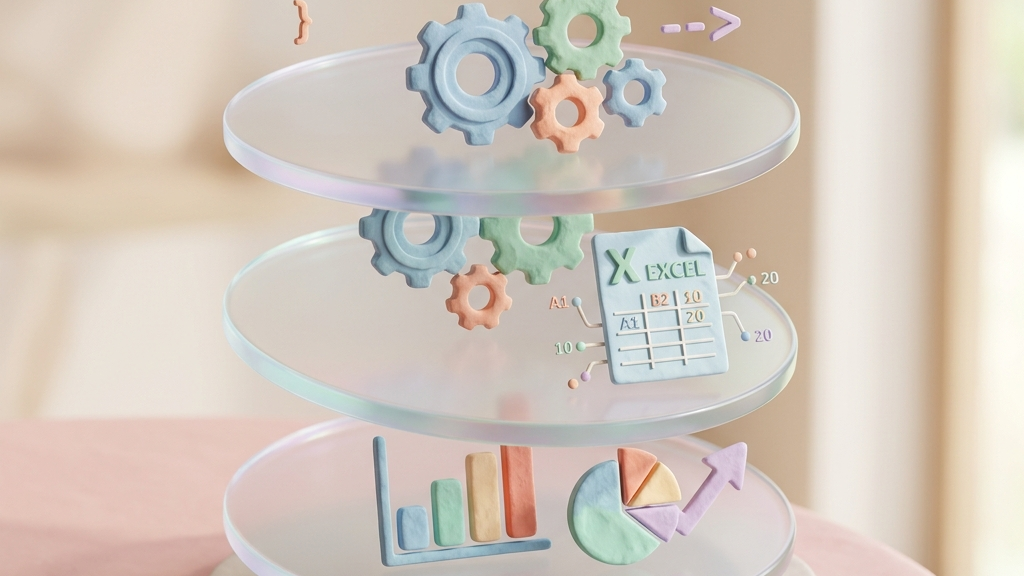 “함수 외우지 마세요” ChatGPT를 활용한 엑셀 복잡한 수식 및 VBA 매크로 자동 생성법 핵심 정리 가이드 4 A minimalist 3D clay-render representing code automation, gear wheels, and Excel sheet symbols floating on semi-transparent glass plates, pastel accents
