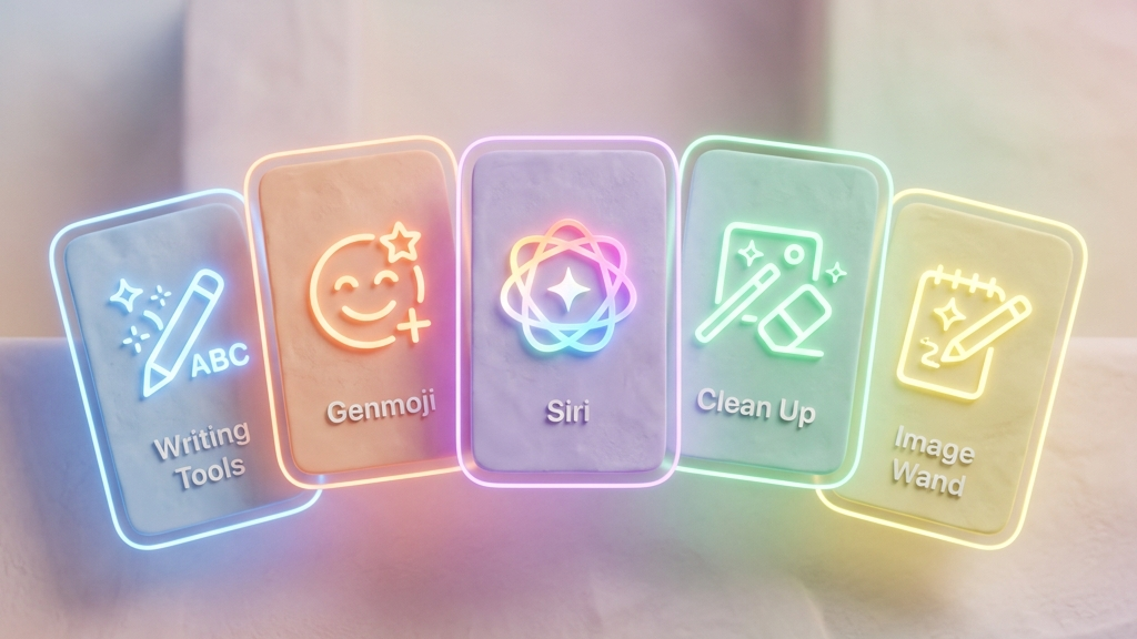 A minimalist 3D clay-render of floating glass app cards with glowing neon icons representing Apple Intelligence, pastel color palette